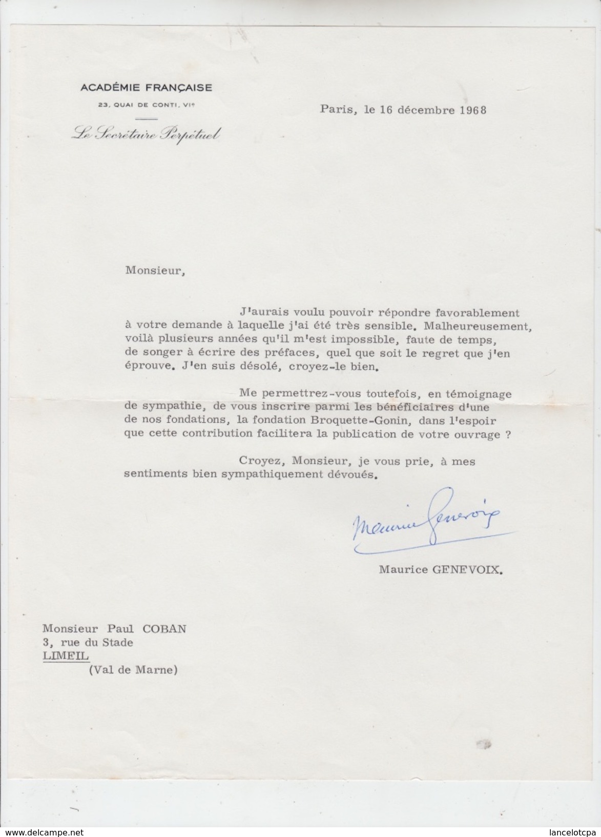 LETTRE AUTOGRAPHE De MAURICE GENEVOIX écrivain Et Académicien à PAUL COBAN Poëte - 1968 - Other & Unclassified