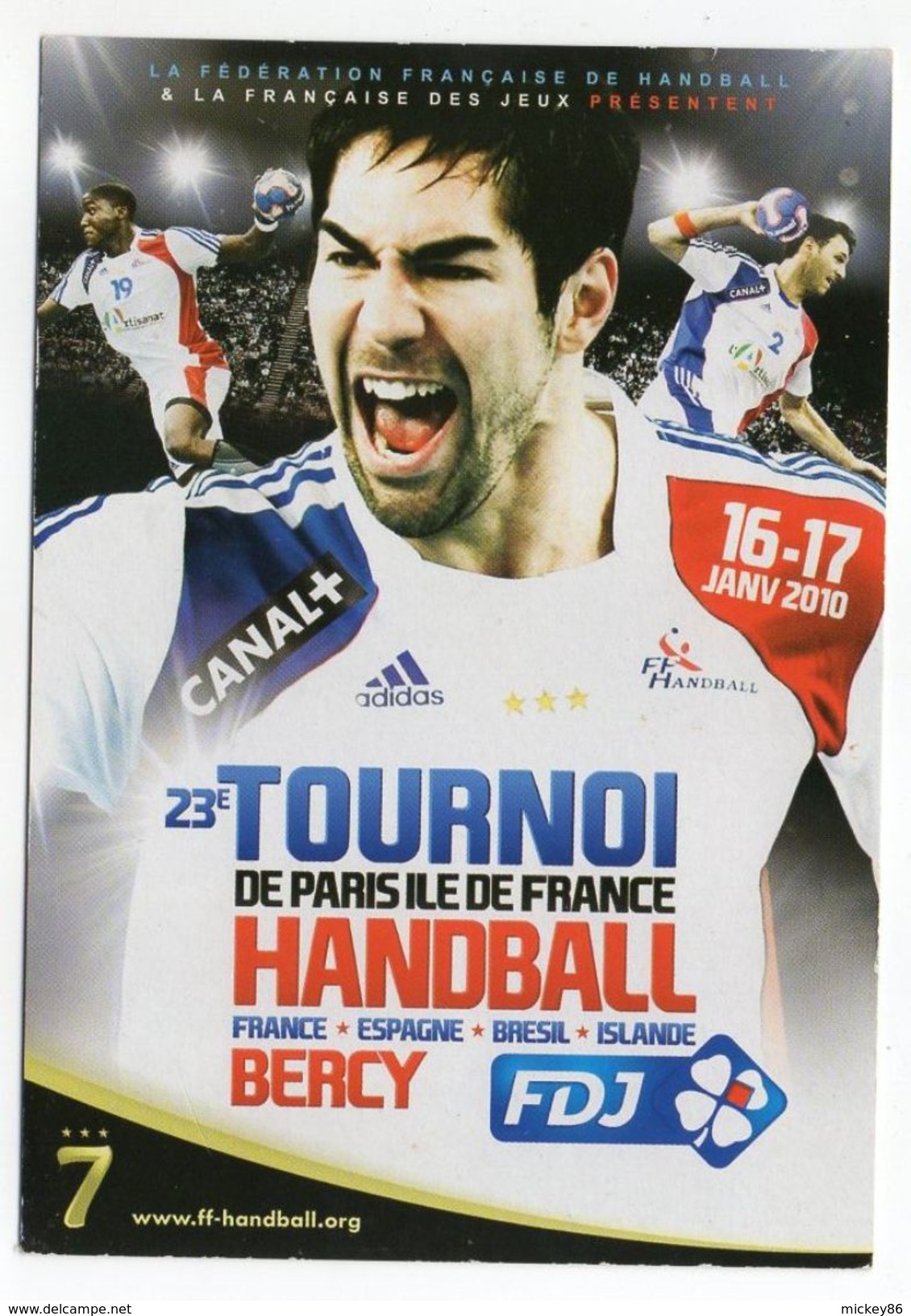 Handball---2010-- Carte Publicitaire 23° Tournoi De Paris----pubs  FDJ-CANAL+-ADIDAS-- - Pallamano