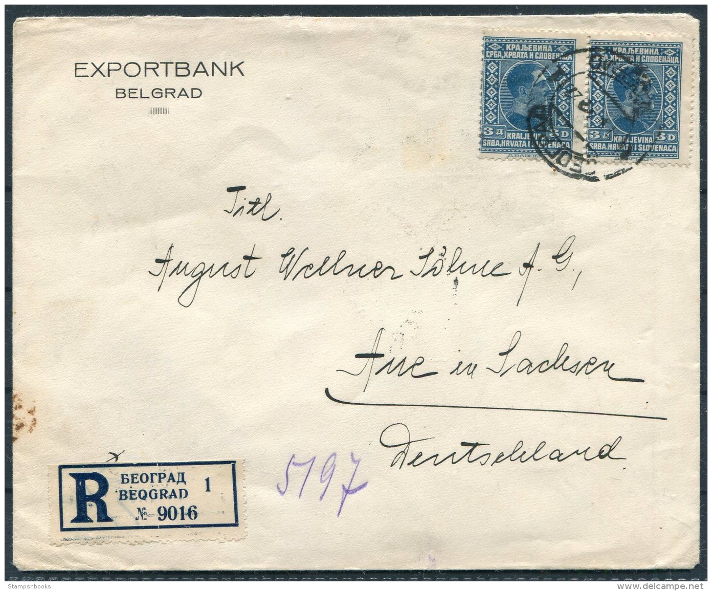 1927 Belgrade Exportbank Registered Cover -  Aue, Germany. Beograd, Belgrad - Covers & Documents