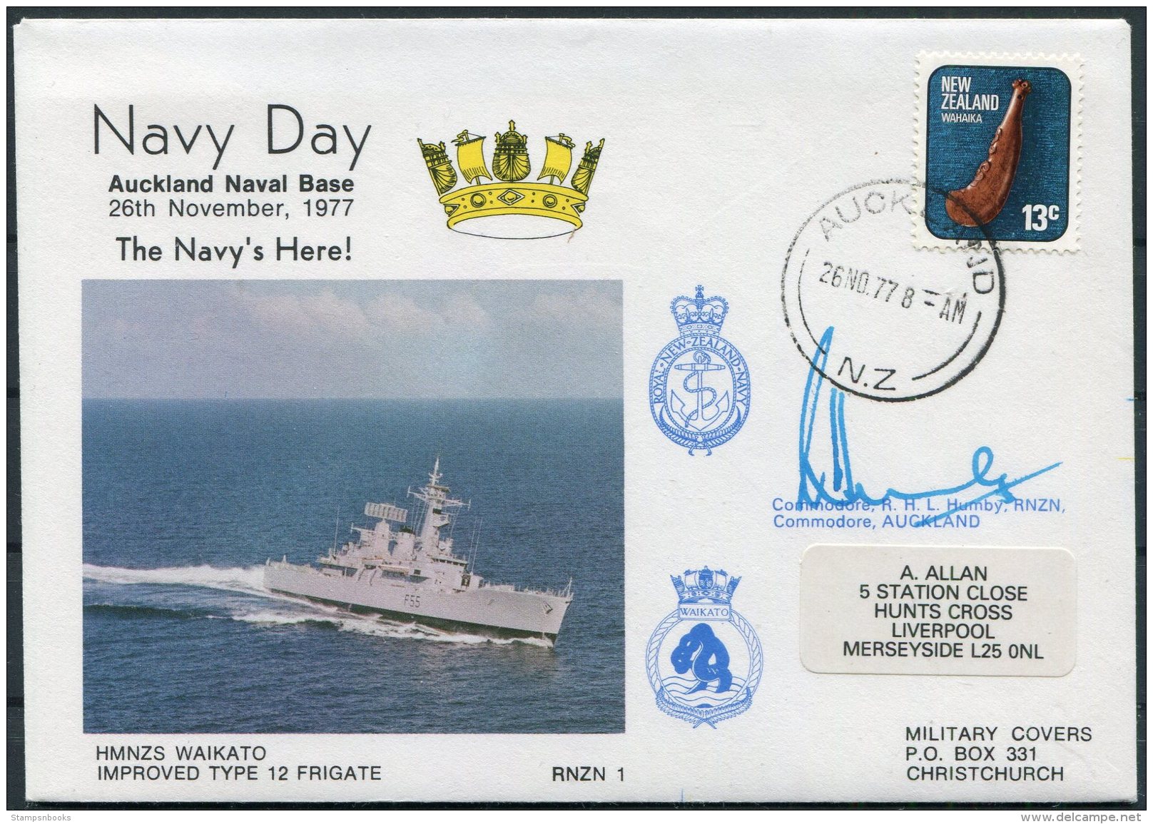 1977 New Zealand Auckland Navel Base Navy Day Cover. HMNZS WAIKATO Ship. SIGNED Commodore Humby - Covers & Documents