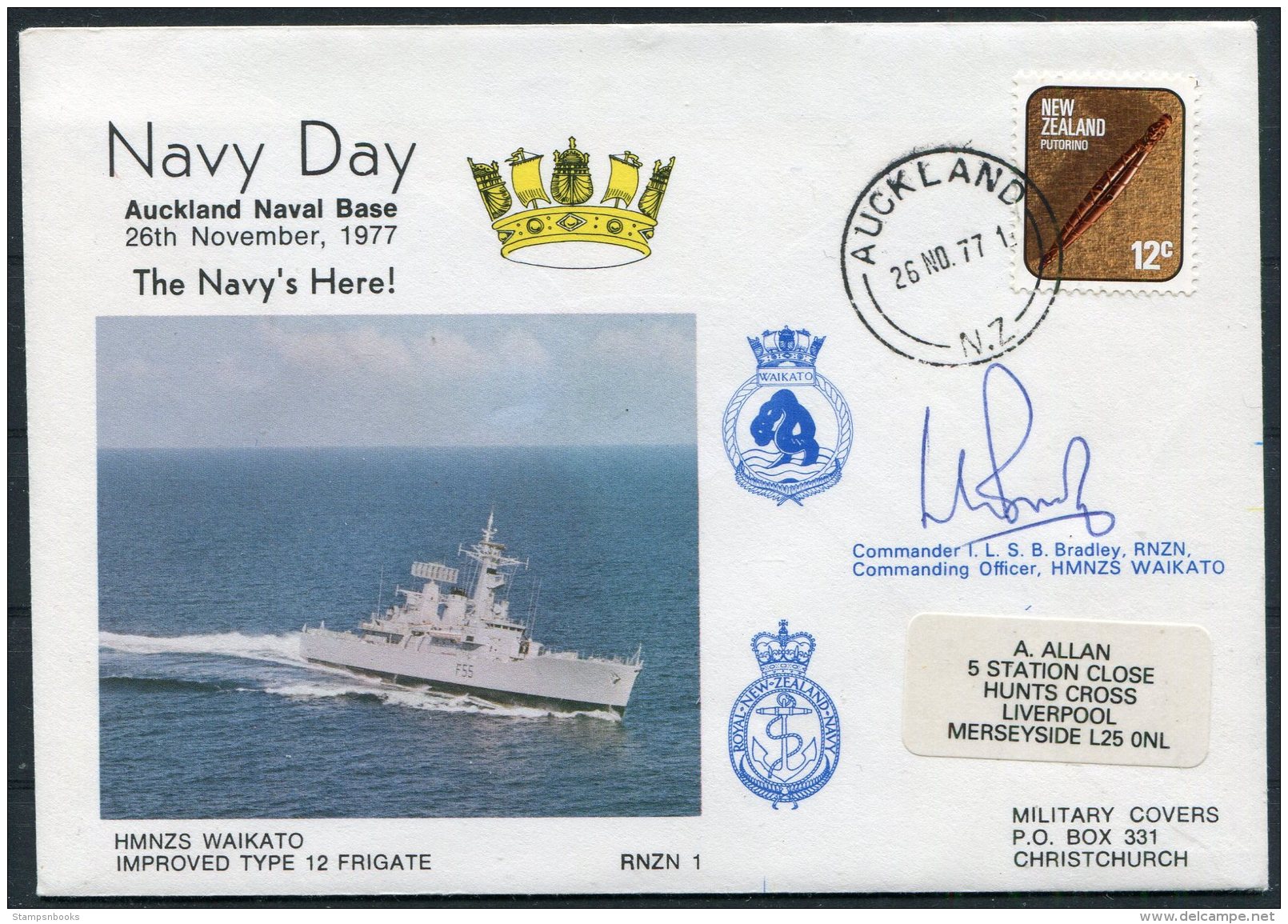 1977 New Zealand Auckland Navel Base Navy Day Cover. HMNZS WAIKATO Ship. SIGNED Commodore Bradley - Covers & Documents