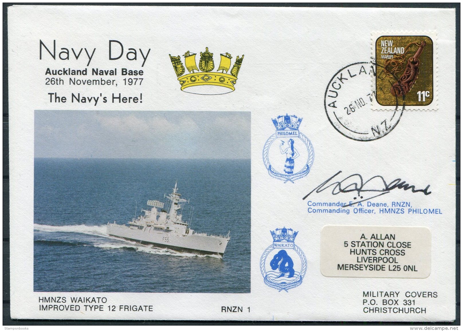 1977 New Zealand Auckland Navel Base Navy Day Cover. HMNZS WAIKATO Ship. SIGNED Commodore Deane - Covers & Documents