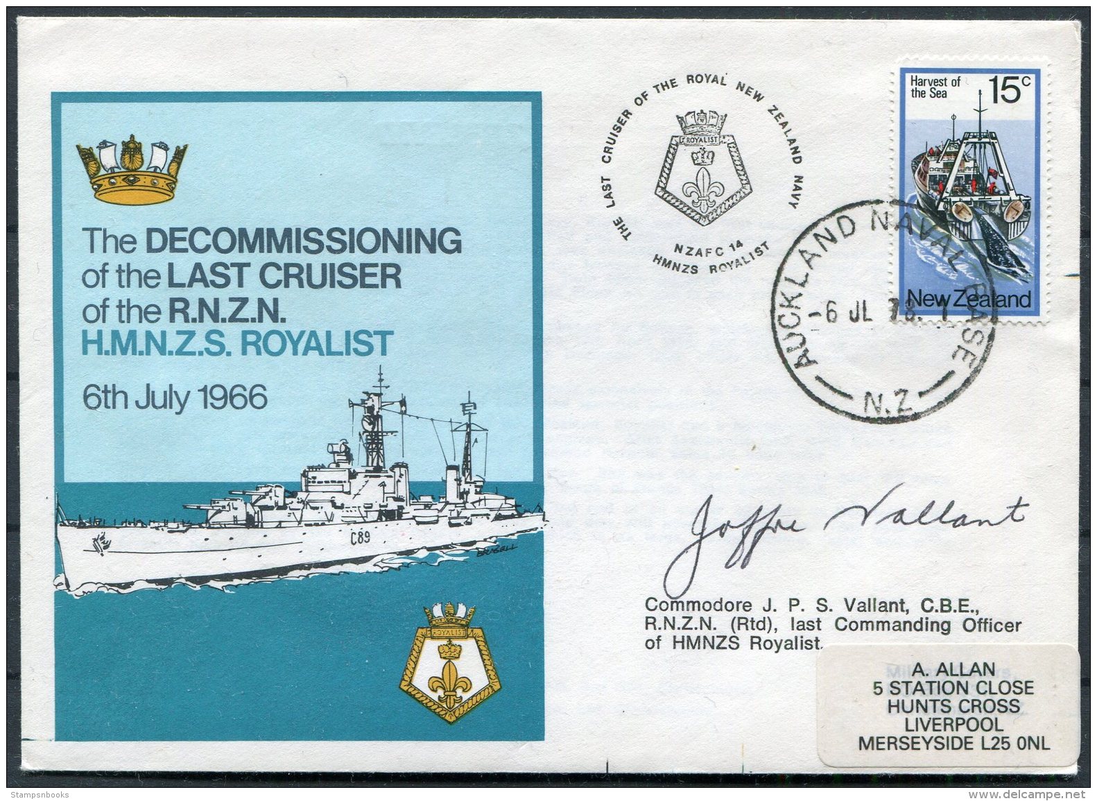 New Zealand Auckland Navel Base Cover. HMNZS ROYALIST Ship. SIGNED Commodore Vallant - Covers & Documents