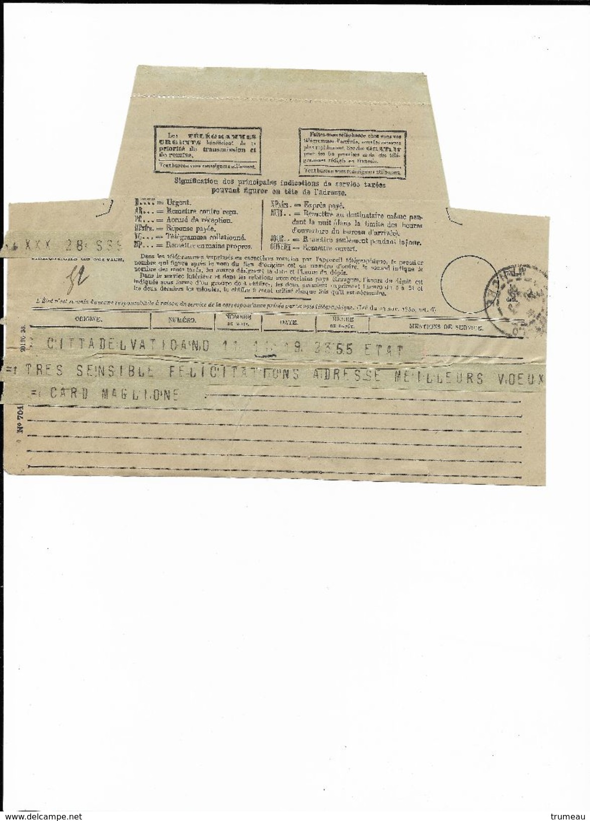 VATICAN TELEGRAMME CARDINAL MAGLIONE AU PREFET DE LA MANCHE SAINT LO 1939 - Priority Mail