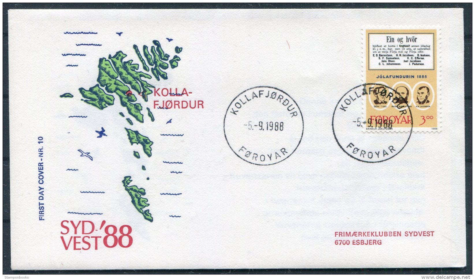 1988 Faroe Islands / Faroyar Denmark Philatelic Exhibition SYDVEST '88 Esbjerg Cover. Kollafjordur - Faroe Islands