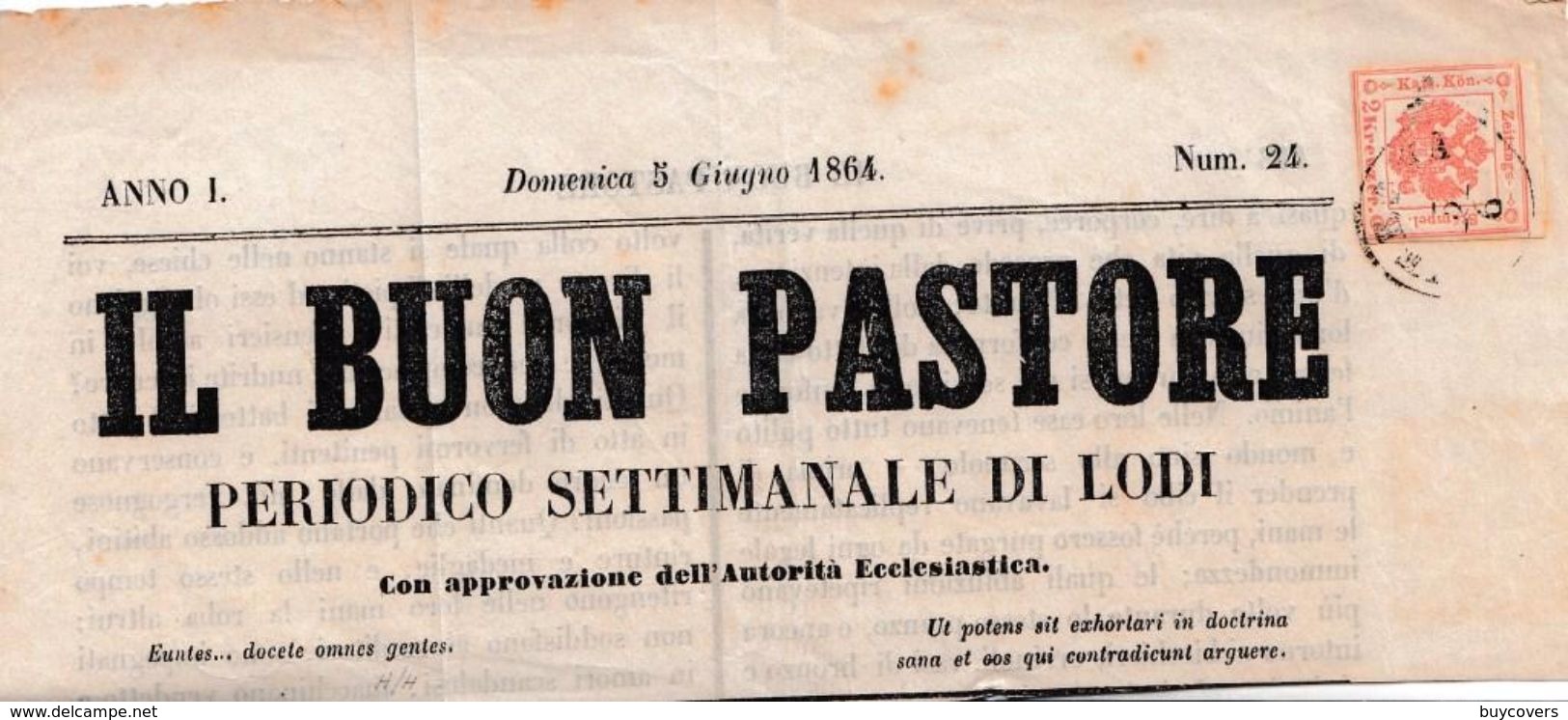 LV177  - 5 Giugno 1864 - Frammento Del "IL BUON PASTORE"- Affrancato Con 2 Kreuzer Rosso Smorto  Da Lodi A Verona. - Lombardo-Vénétie