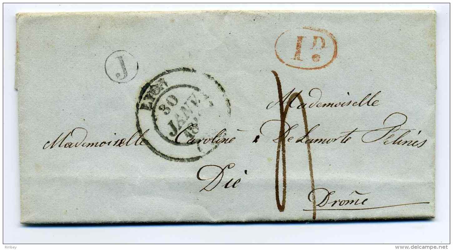 T14 LYON + Boite Rurale J Identifiée De OULLINS + Taxe 1 Décime Rouge / Dept 68 Du Rhone /1840 - 1801-1848: Precursors XIX