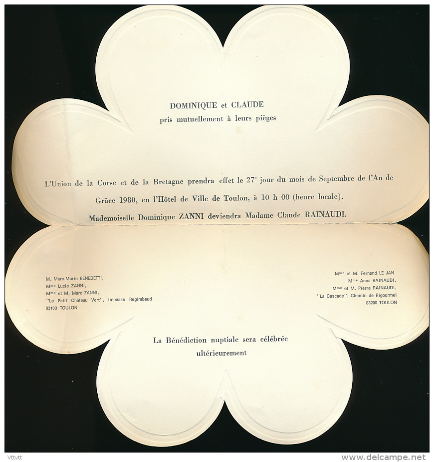 Joli Faire-part De Mariage En Forme De Fleur (Septembre 1980), D. Zanni - C. Rainaudi, Hôtel De Ville De Toulon - Boda