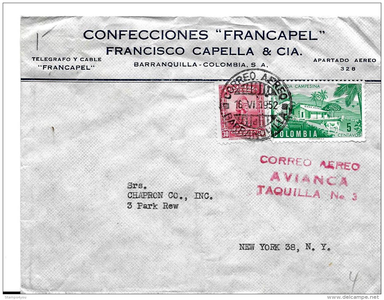 29-47 - Enveloppe Envoyée  De Colombie Aux USA  Cachet Correo Aereo Avianca Taquilla 1952 - Colombia