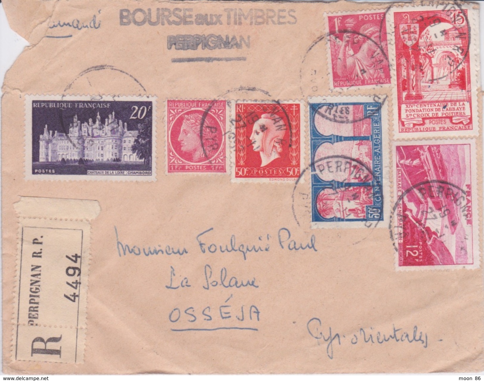 1957 - Enveloppe  AVEC CACHET DE LA BOURSE AUX TIMBRES A PERPIGNAN - OSSÉJA (66) En RECOMMANDÉ - Collectors