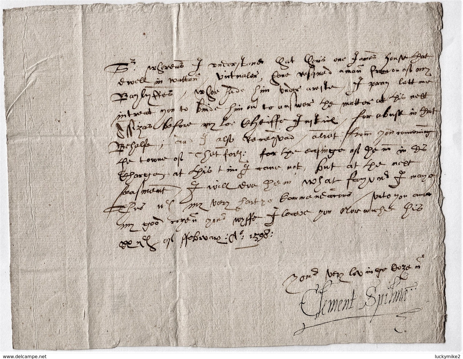1598 Letter From "Clement Spilman, Norwich" To "his Cozen Sr Bassingborne Gawdye".  TRANSCRIPT  Ref 0407 - Other & Unclassified