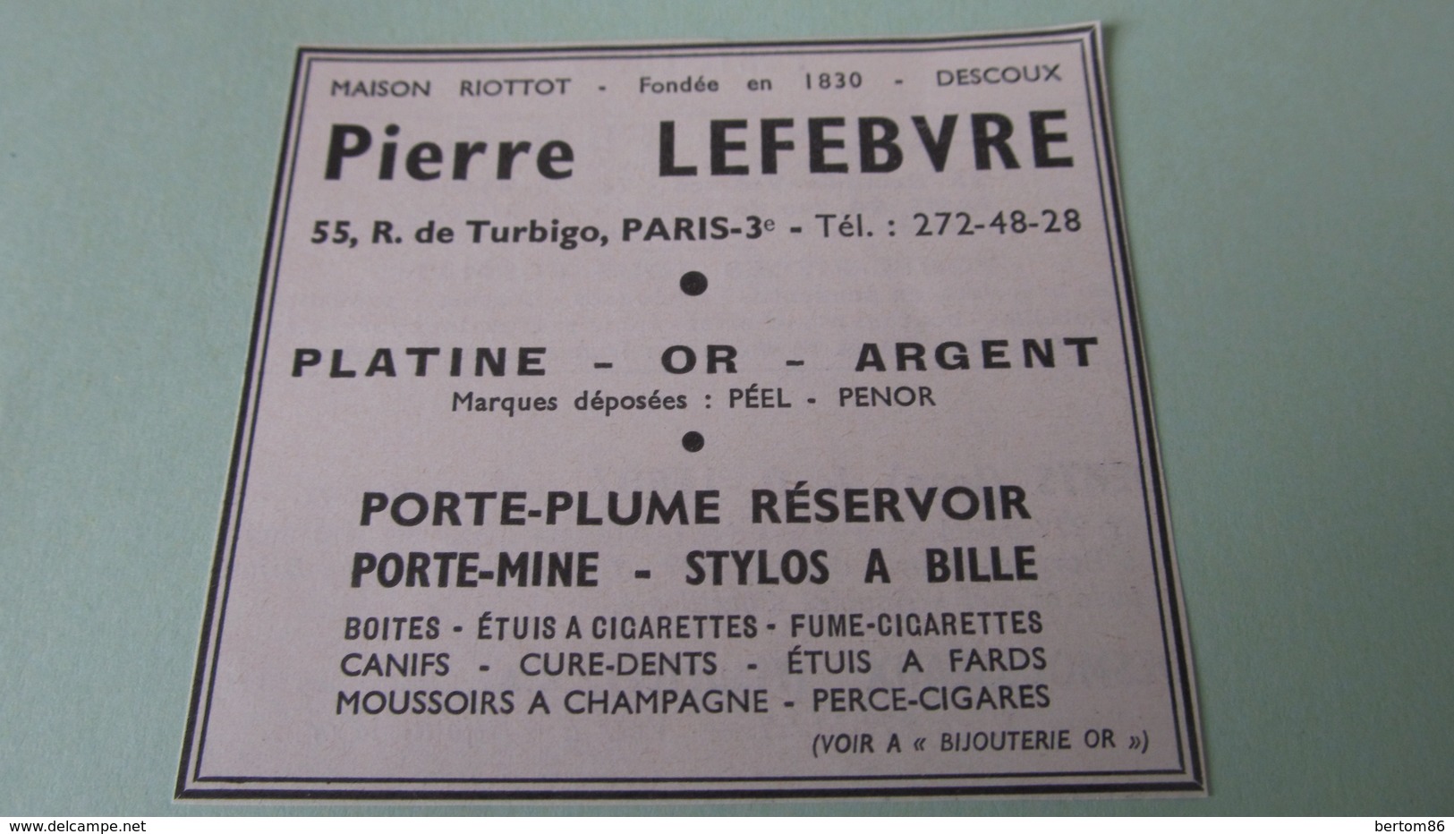 PIERRE LEFEBVRE PARIS - PORTE-PLUME RESERVOIR , PORTE-MINE , STYLOS A BILE - PETITE PUBLICITE DE 1968. - Publicités