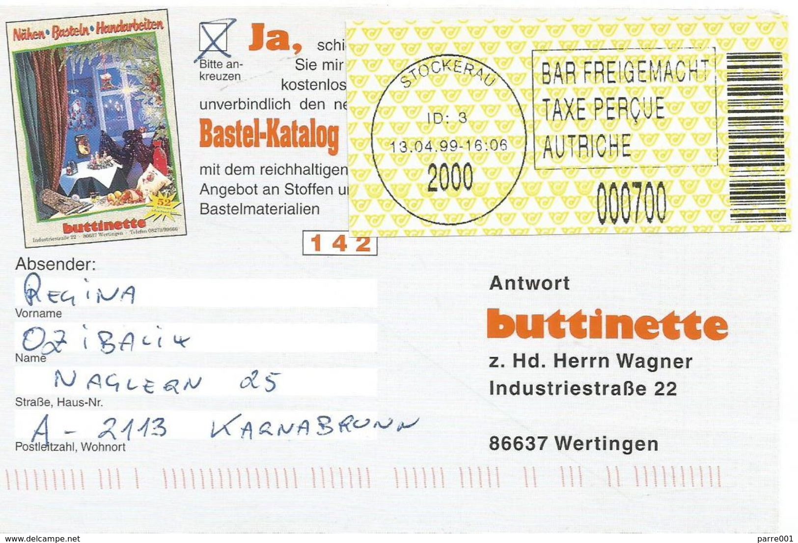 Österreich Austria 1999 Stockerau 2000 ID:3 Barcoded EMA Postage Paid Card - Frankeermachines (EMA)