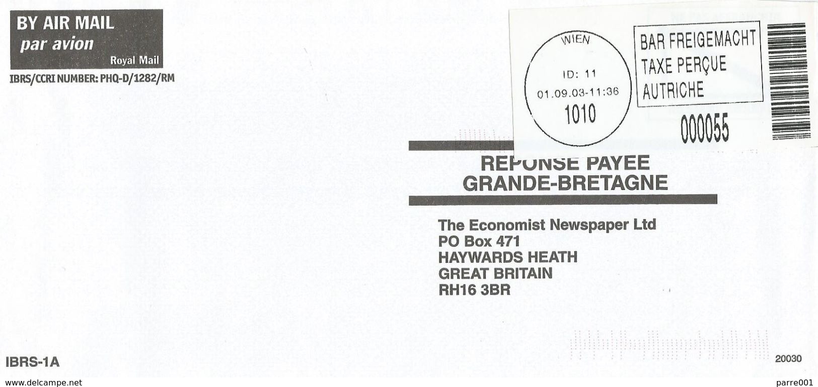 Österreich Austria 2003 Wien 1010 ID:11 Barcoded EMA Postage Paid Blank Label Cover - Franking Machines (EMA)