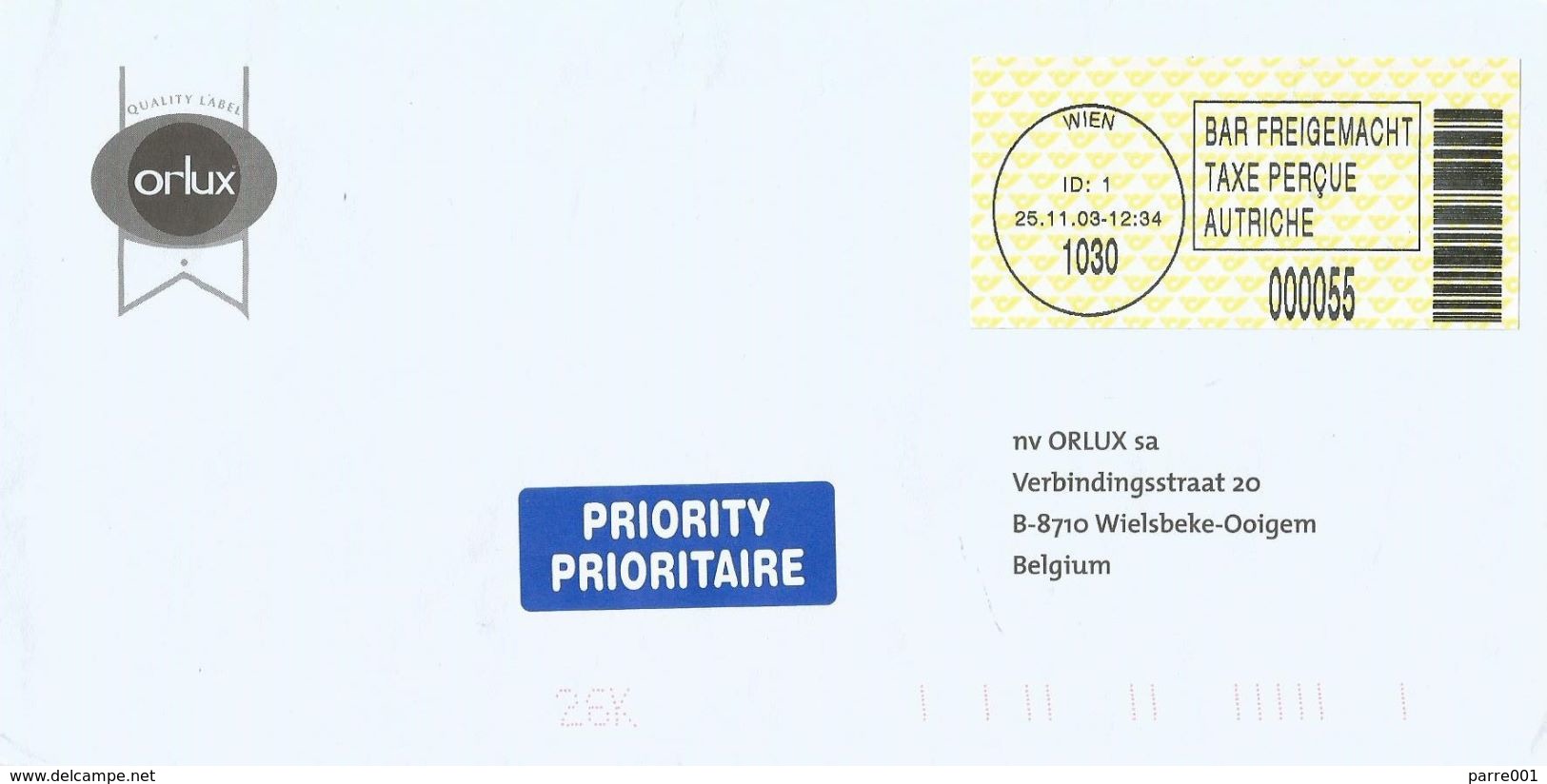 Österreich Austria 2003 Wien 1030 ID:1 Barcoded EMA Postage Paid Cover - Frankeermachines (EMA)