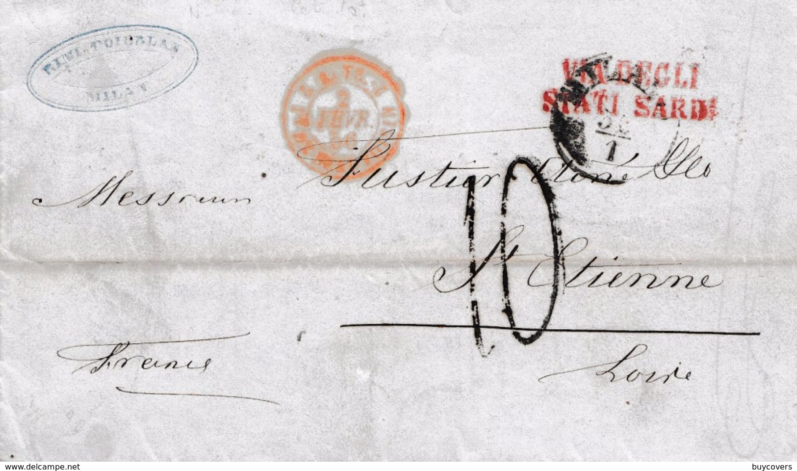 LV117- LOMBARDO VENETO - 30 Gennaio 1856 Lettera Da Milano A St.Etienne Tassata 10 Soldi Per Il Transito Sardo . - Lombardo-Veneto