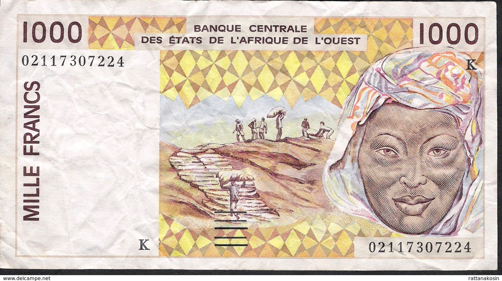 W.A.S. SENEGAL P711Kl 1000 FRANCS  (20)02  VF Folds N0 P.h. ! - West African States