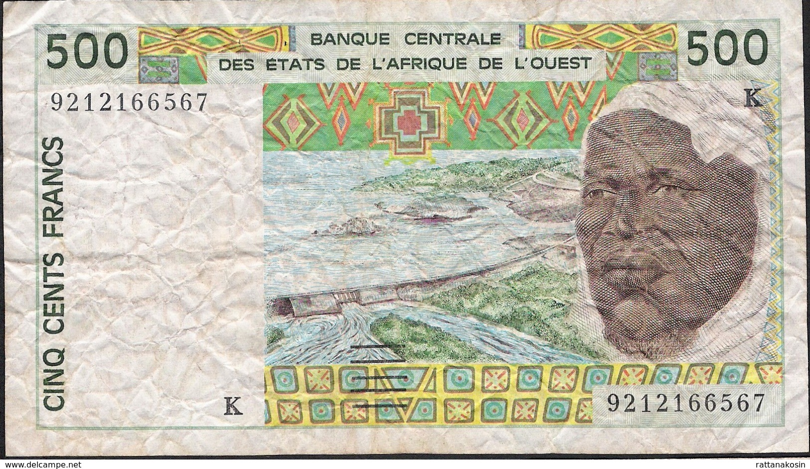 W.A.S. SENEGAL P710Kb 500 FRANCS  (19)92  VF Folds 3 P.h. ! - West-Afrikaanse Staten