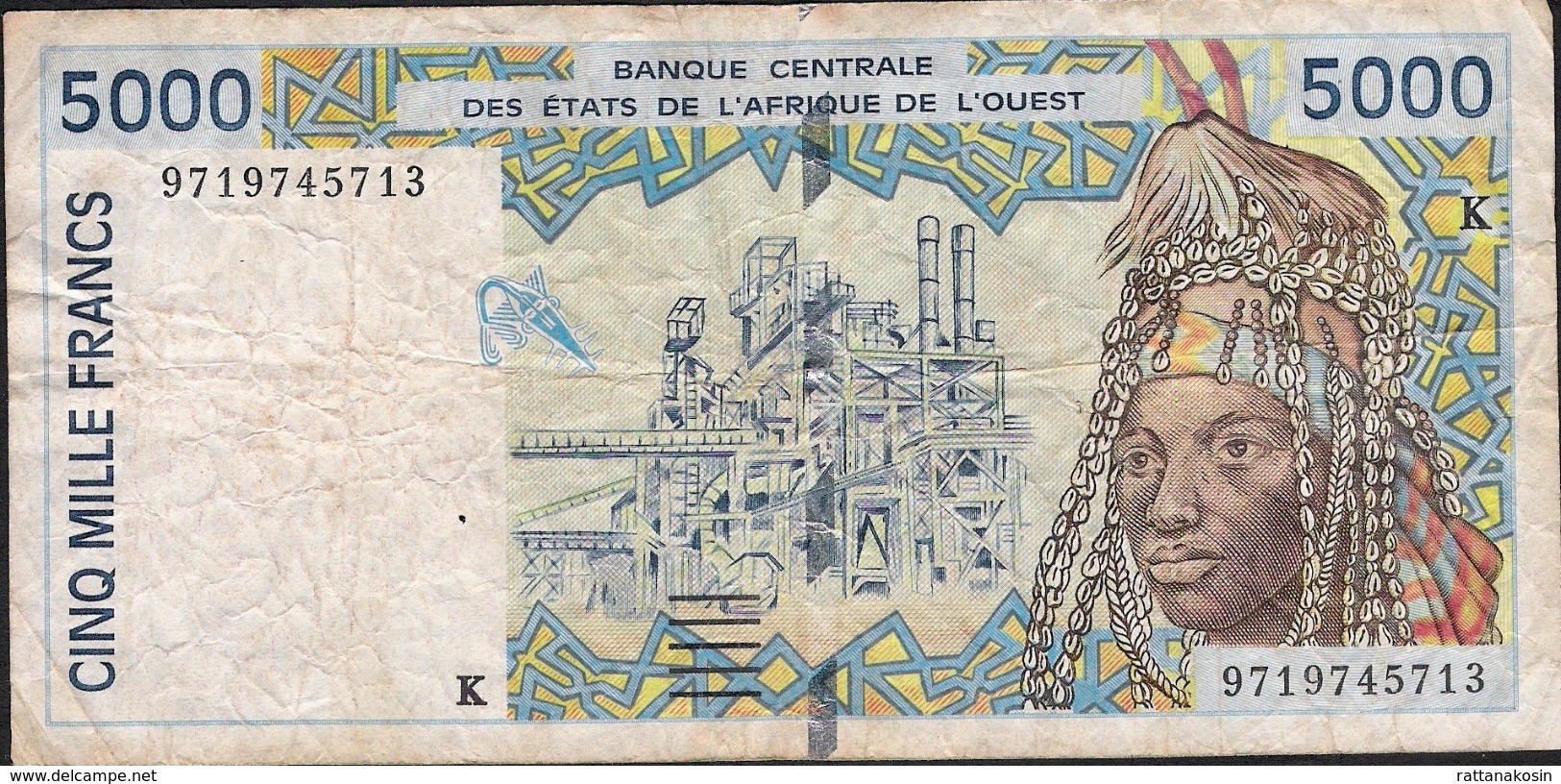 W.A.S. SENEGAL P713Kf 5000 FRANCS  (19)97  VF Folds 2 P.h. ! - États D'Afrique De L'Ouest