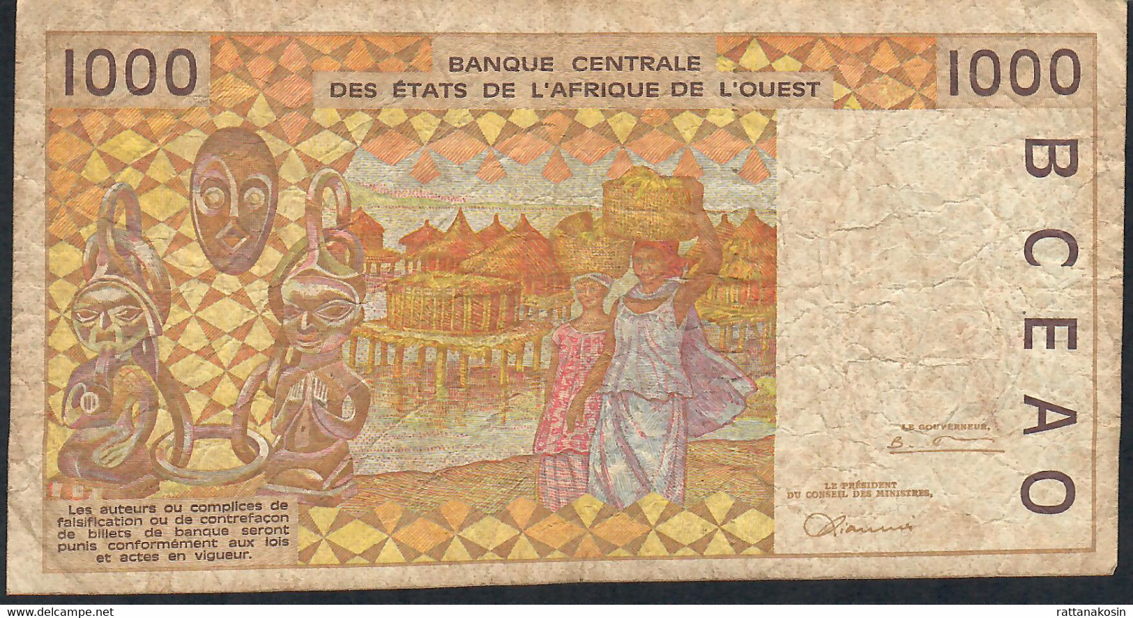 W.A.S. IVORY COAST  P111Ag 1000 FRANCS (19)97 FINE NO P.h. ! - Stati Dell'Africa Occidentale