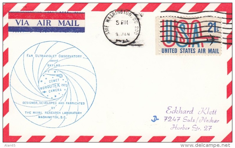 Comet Kohoutek Postal Card Cover, Far Ultraviolet Observatory Skylab Space Station 1974 Cover 21-cent US Air Mail Stamp - North  America