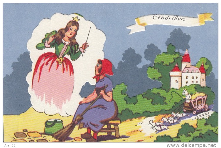 Cinderella Cendrillon Fairy Tale Girl Fairy Godmother, Cut-out Applique Texture C1940s/50s Vintage Postcard - Fairy Tales, Popular Stories & Legends