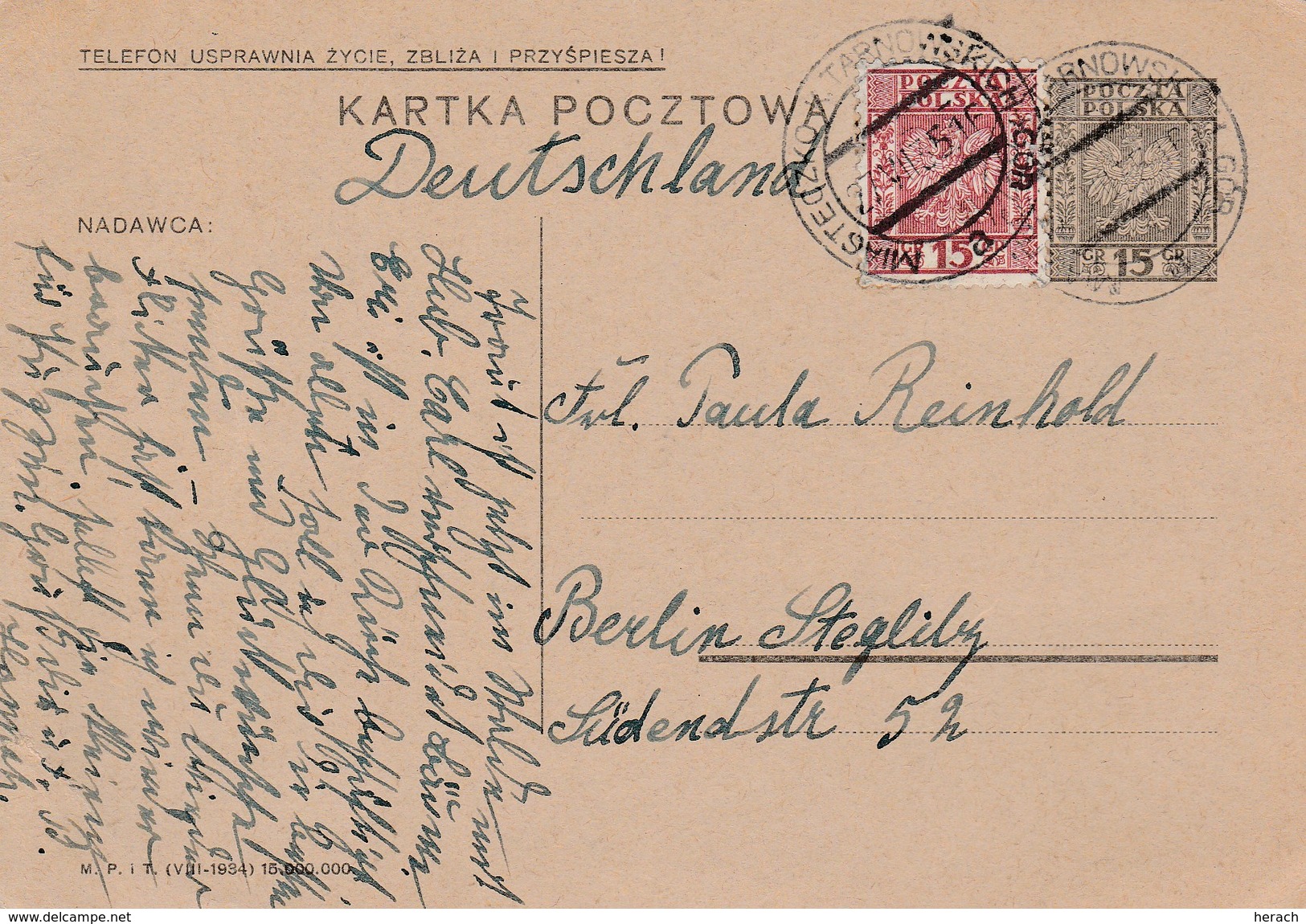 Pologne Entier Postal Pour L'Allemagne 1935 - Stamped Stationery