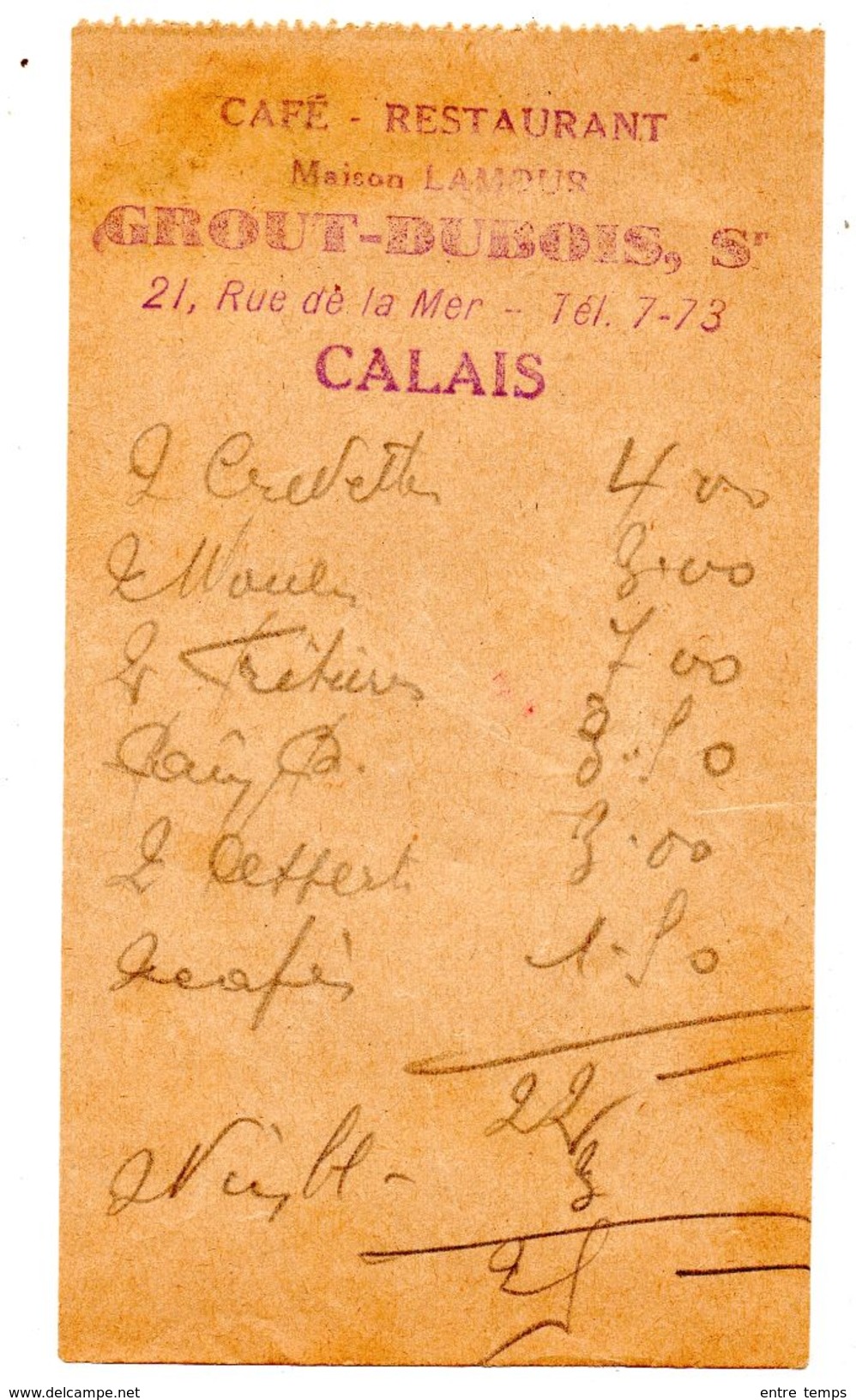 Calais Note Restaurant Grout Dubois - Collections