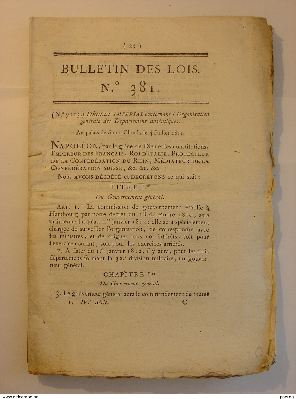 BULLETIN DES LOIS N°381 De 1811 - DEPARTEMENTS ANSEATIQUES  - AUTONOMIES - Villes Autonomes - Decreti & Leggi