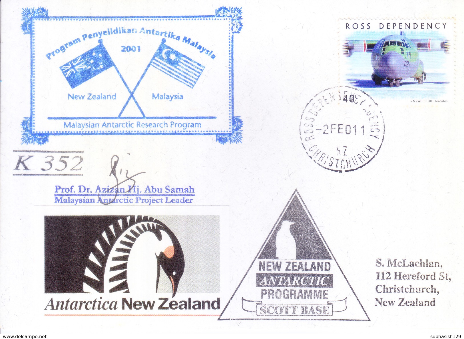 ROSS DEPENDENCY / NEW ZEALAND - 2001 ANTARCTIC EXPEDITION COVER, MALAYASIA-NEW ZEALAND JOINT EXPEDITION, SIGNATURE - Covers & Documents