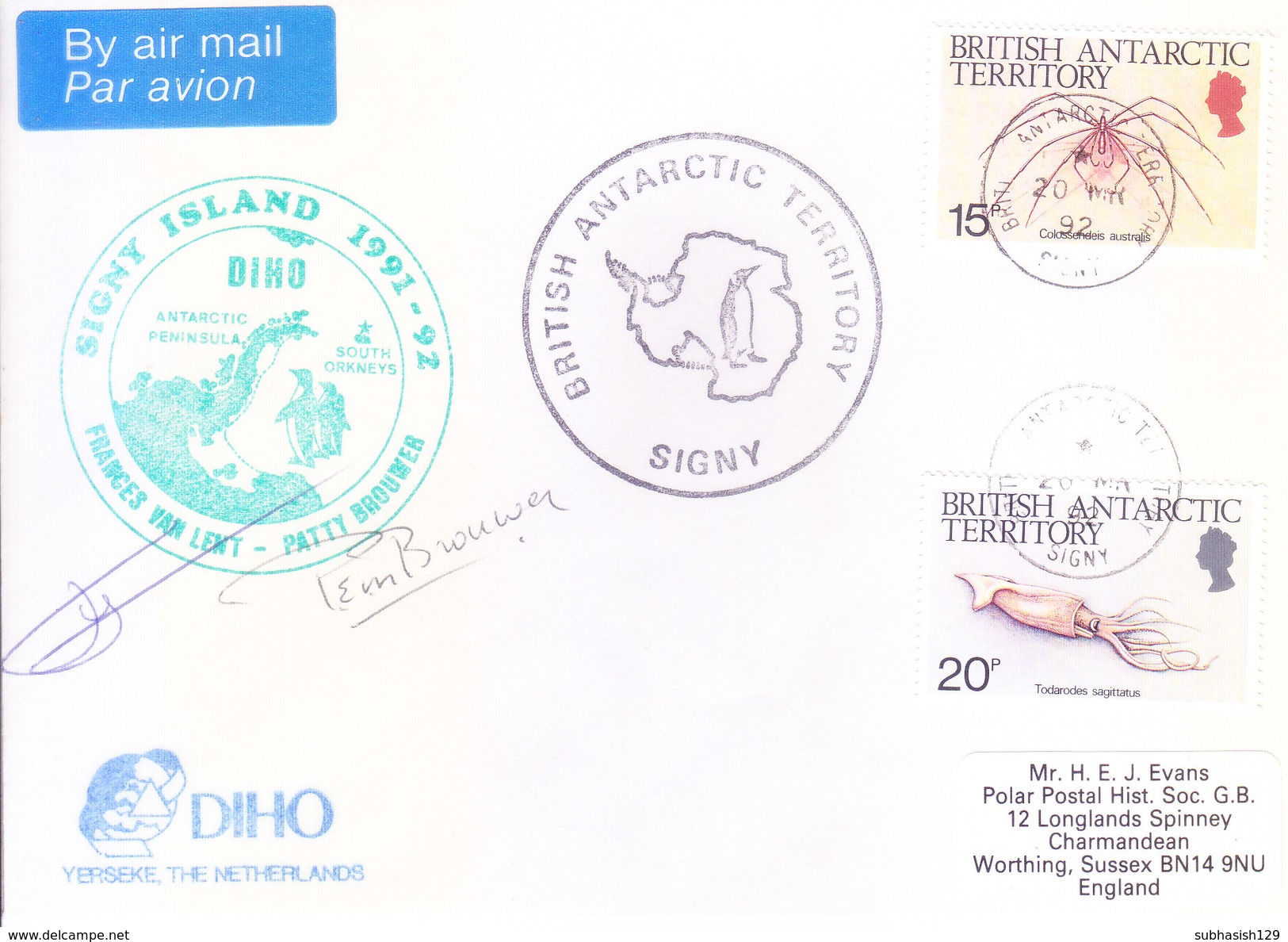 BRITISH ANTARCTIC TERRITORY - EXPEDITION COVER, 1992 - SIGNY ISLAND SPECIAL CANCELLATIONS, DIHO, NETHERLAND MARKING - Covers & Documents