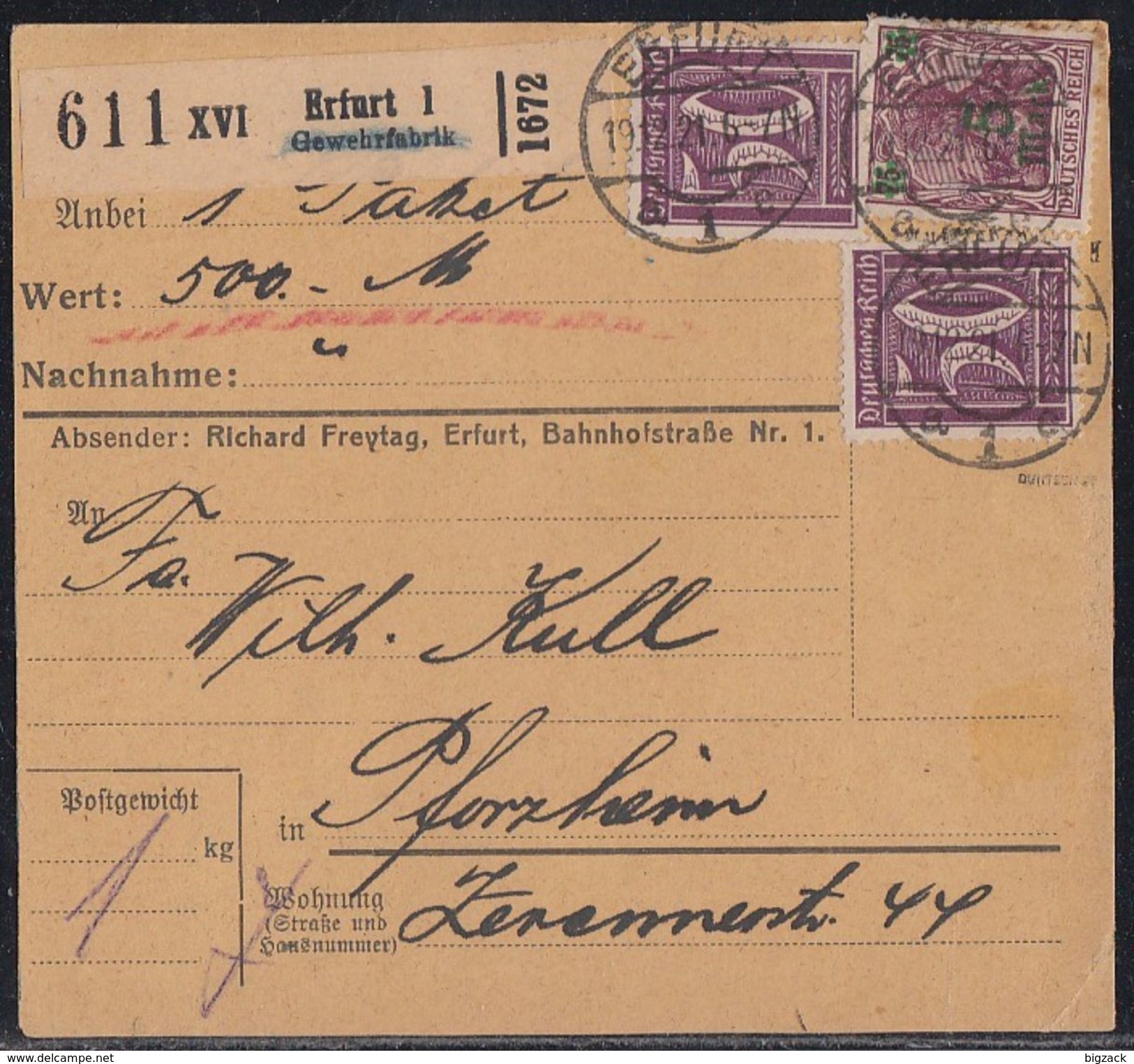 DR Paketkarte Mif Minr.157II, 2x 164 Erfurt Gewehrfabrik 19.12.21 Geprüft - Briefe U. Dokumente