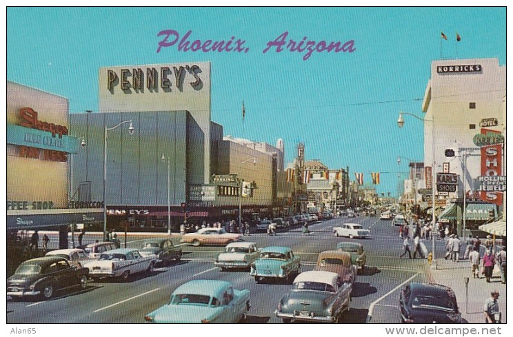 Phoenix Arizona,  Auto Animated Street Scene Business District, C1950s Vintage Postcard - Phoenix