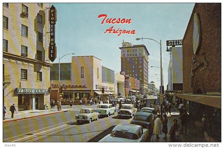 Tucson Arizona, Downtown Street Scene, American Airlines Sign, Autos, C1950s Vintage Postcard - Tucson