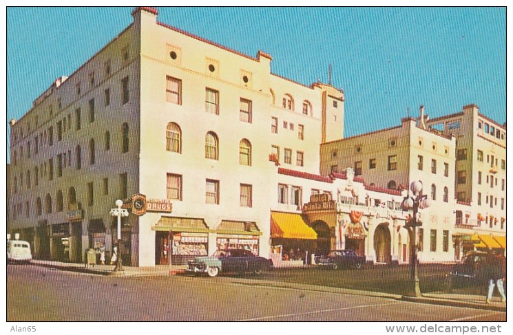 Tucson Arizona, Santa Rita Hotel, Street Scene, Autos, Drug Store Sign, C1950s Vintage Postcard - Tucson