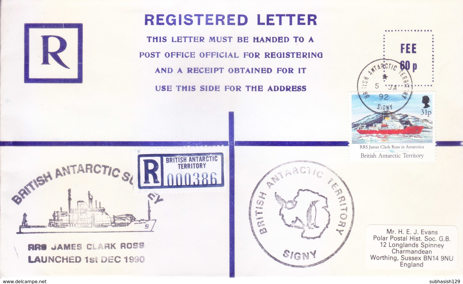 BRITISH ANTARCTIC TERRITORY - EXPEDITION REGISTERED LETTER, 1992 - BRITISH ANTARCTIC SURVEY, BAMES CLARD ROSS - Covers & Documents