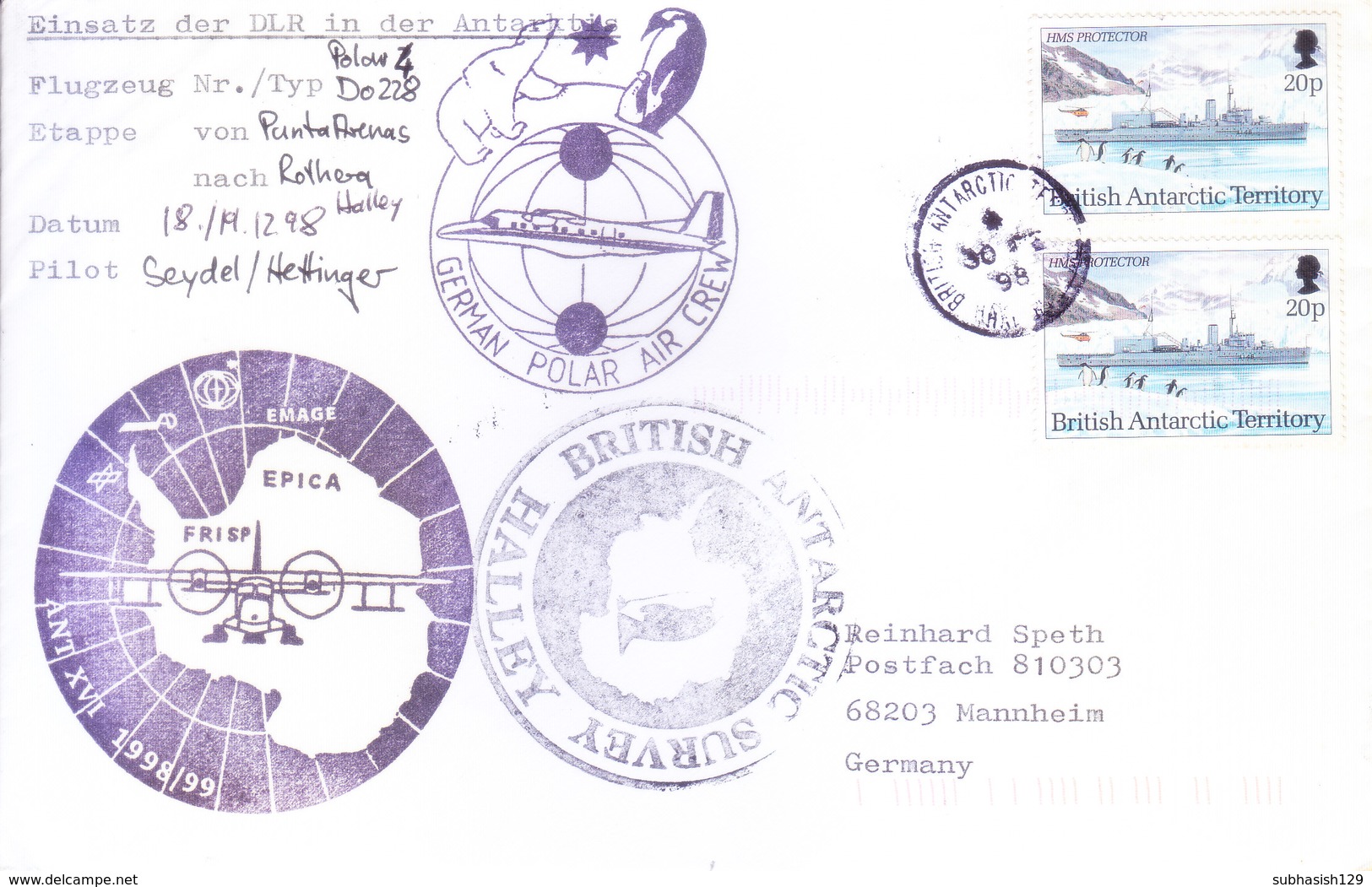 BRITISH ANTARCTIC TERRITORY - EXPEDITION COVER 1998, SPECIAL CANCELLATIONS, GERMAN POLAR AIR CREW MARKING - Covers & Documents