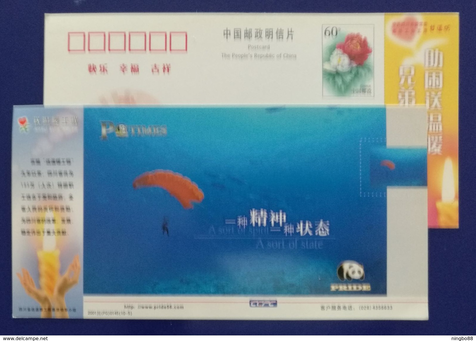 Parachuting Sport,ocean Fish,Pride Giant Panda Trademark,CN 01 Sichuan Warm Project Charity Advert Pre-stamped Card - Fallschirmspringen