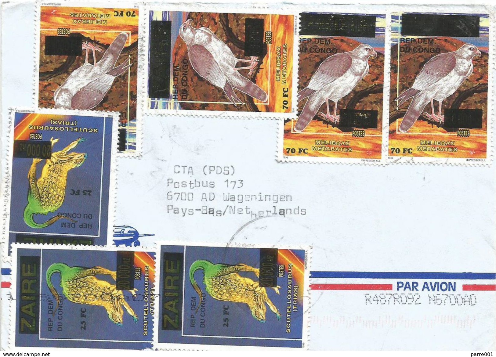 RDC DRC Congo Zaire 2002 Inki Dark Chanting Goshawk (Melierax Metabates) 70 FC Trias Prehistory Scutellosaurus 25F Cover - Brieven