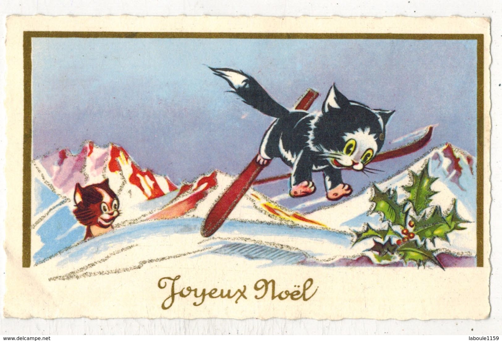 FANTAISIE FÊTE ILLUSTRATEUR Non Signée : Mignonnette " Joyeux Noël " Paysage De Neige Chats Cats Au Ski Animal Humanisé - Animaux Habillés