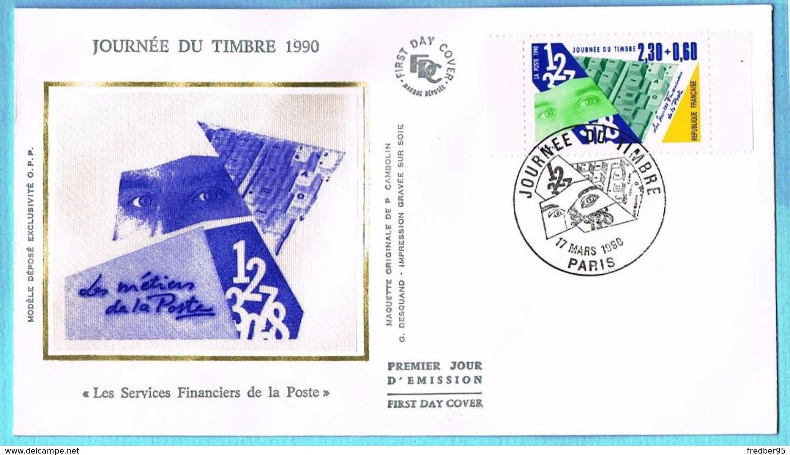 FDC Enveloppe Premier Jour 17/03/1990 PARIS - Journée Du Timbre (2.30+0.60 Jaune Et Vert) - 1990-1999