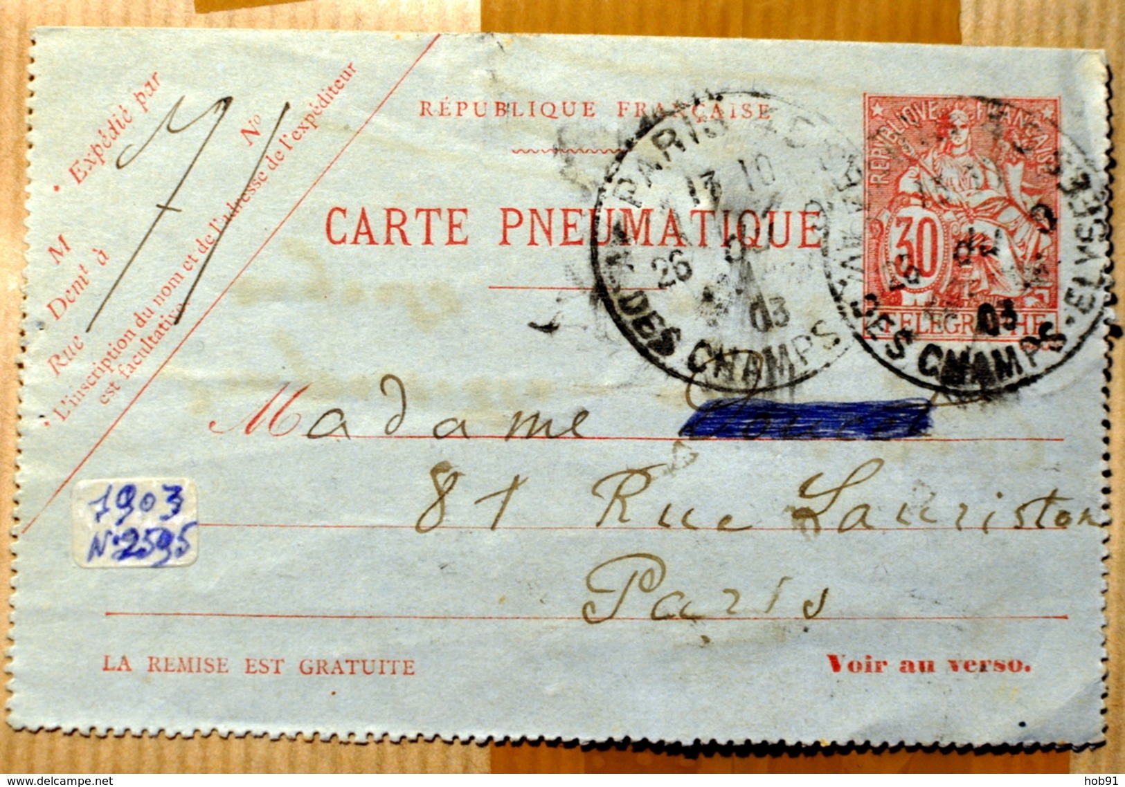 Carte Pneumatique  Chaplain 30c - 2595 CLPPRP - Paris Bureau 45 Rue Champs Elysées - Neumáticos