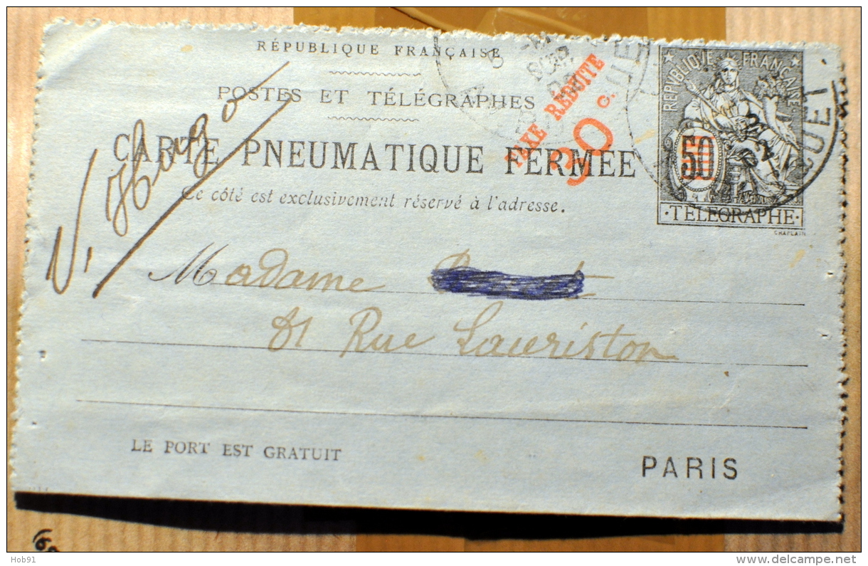 Carte Pneumatique  Fermée Chaplain 50c Taxe Réduite 30c - 2567 (?) CLPP - Paris Bureau 104 - Neumáticos