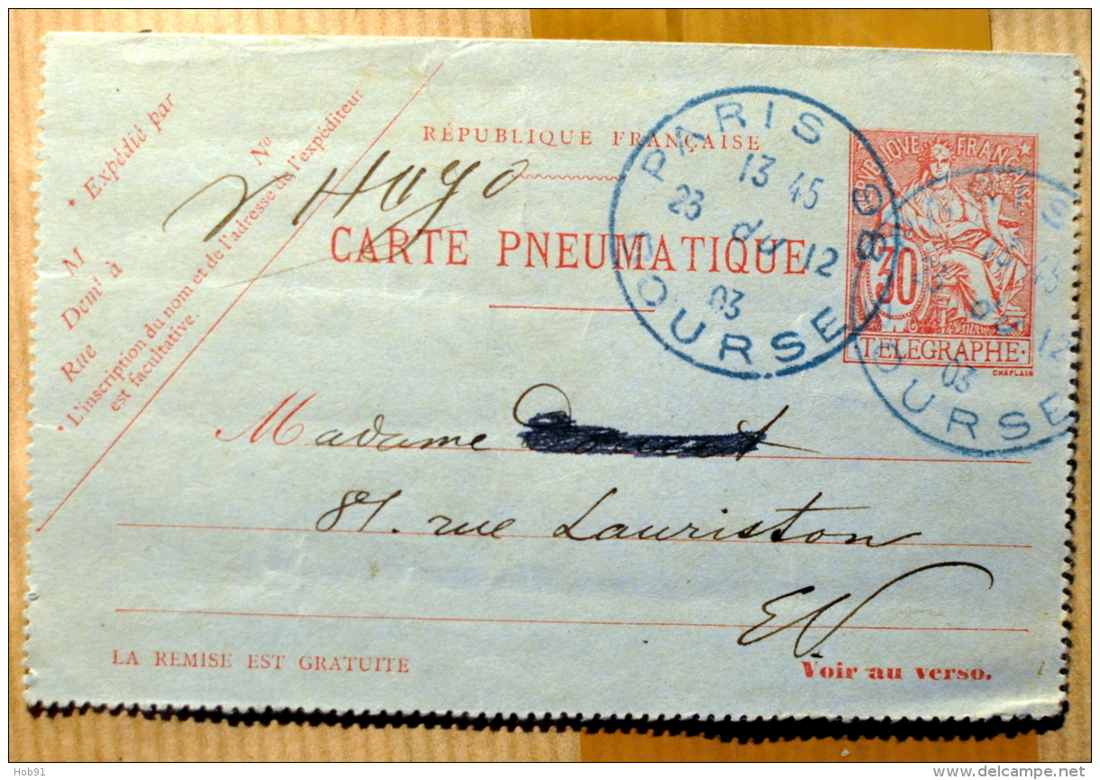 Carte Pneumatique  Chaplain 30c - 2595 CLPP - Paris Bureau 98 Bourse (1903) - Neumáticos