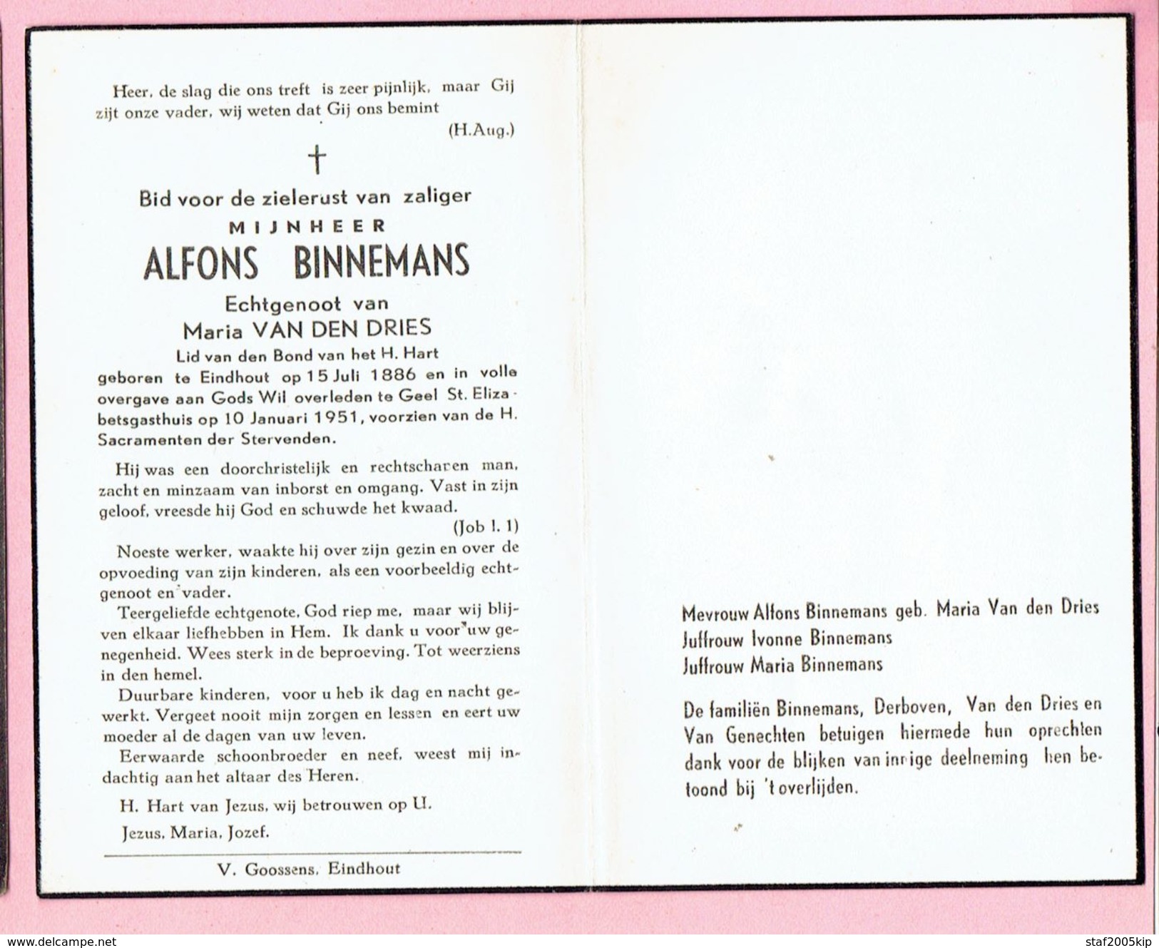 Bidprentje - Alfons BINNEMANS Echtg. Maria VAN DEN DRIES - Eindhout 1886 - Geel 1951 - Religion & Esotericism