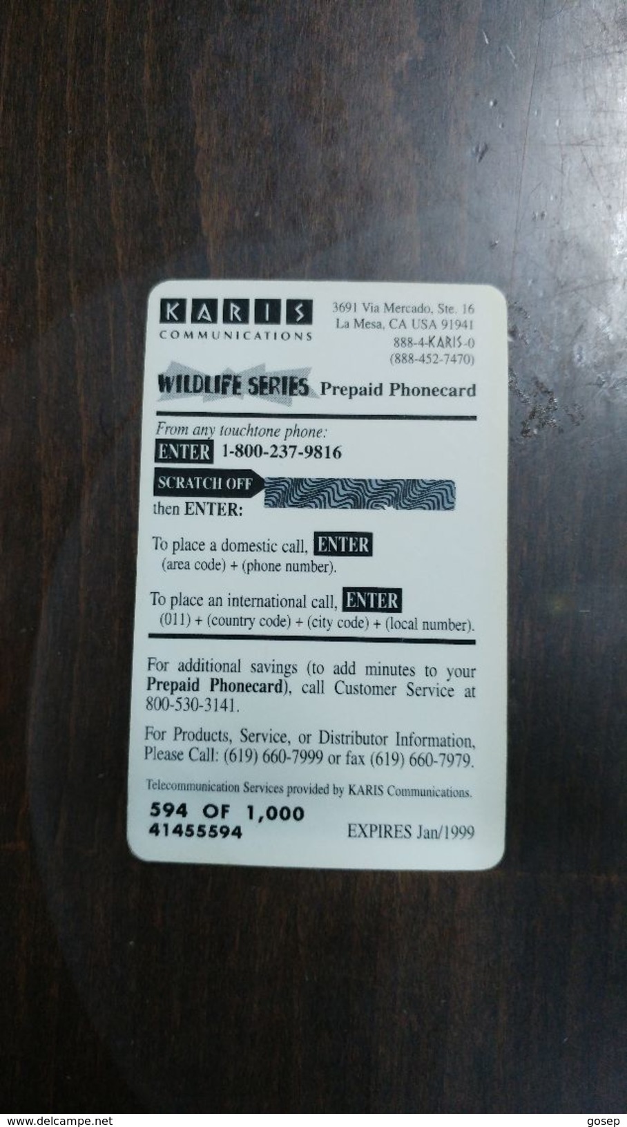 U.s.a-karis Communications Prepiad Card($5)-(594/1000used Card+1card Prepiad - Aquile & Rapaci Diurni