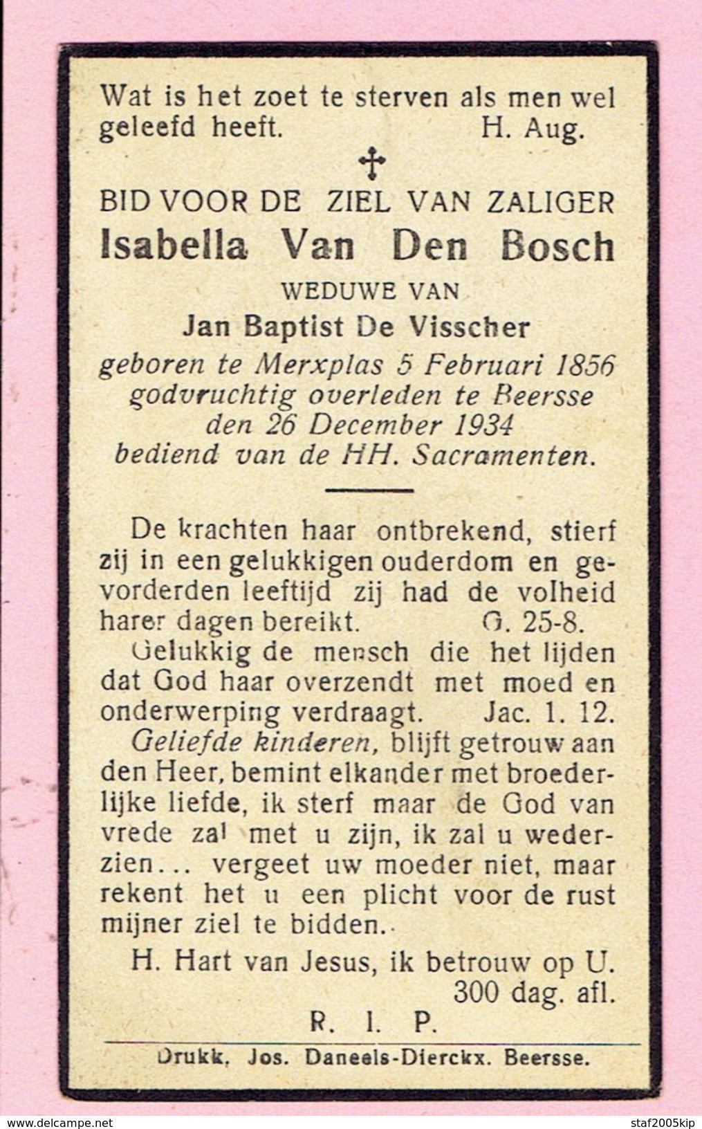 Bidprentje - Isabella Van Den Bosch Wed. Jan Baptist De Visscher - Merksplas 1856 - Beerse 1934 - Religione & Esoterismo