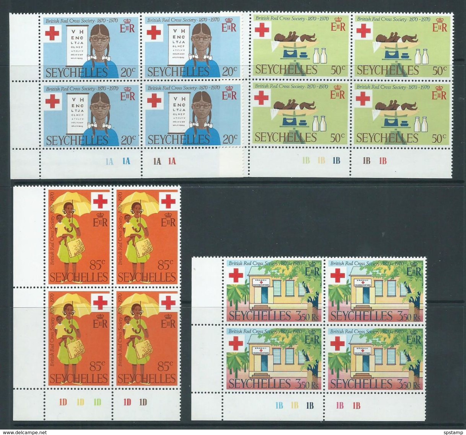 Seychelles 1972 Red Cross Set Of 4 As Marginal Blocks Of 4 With Plate Numbers MNH - Seychelles (...-1976)