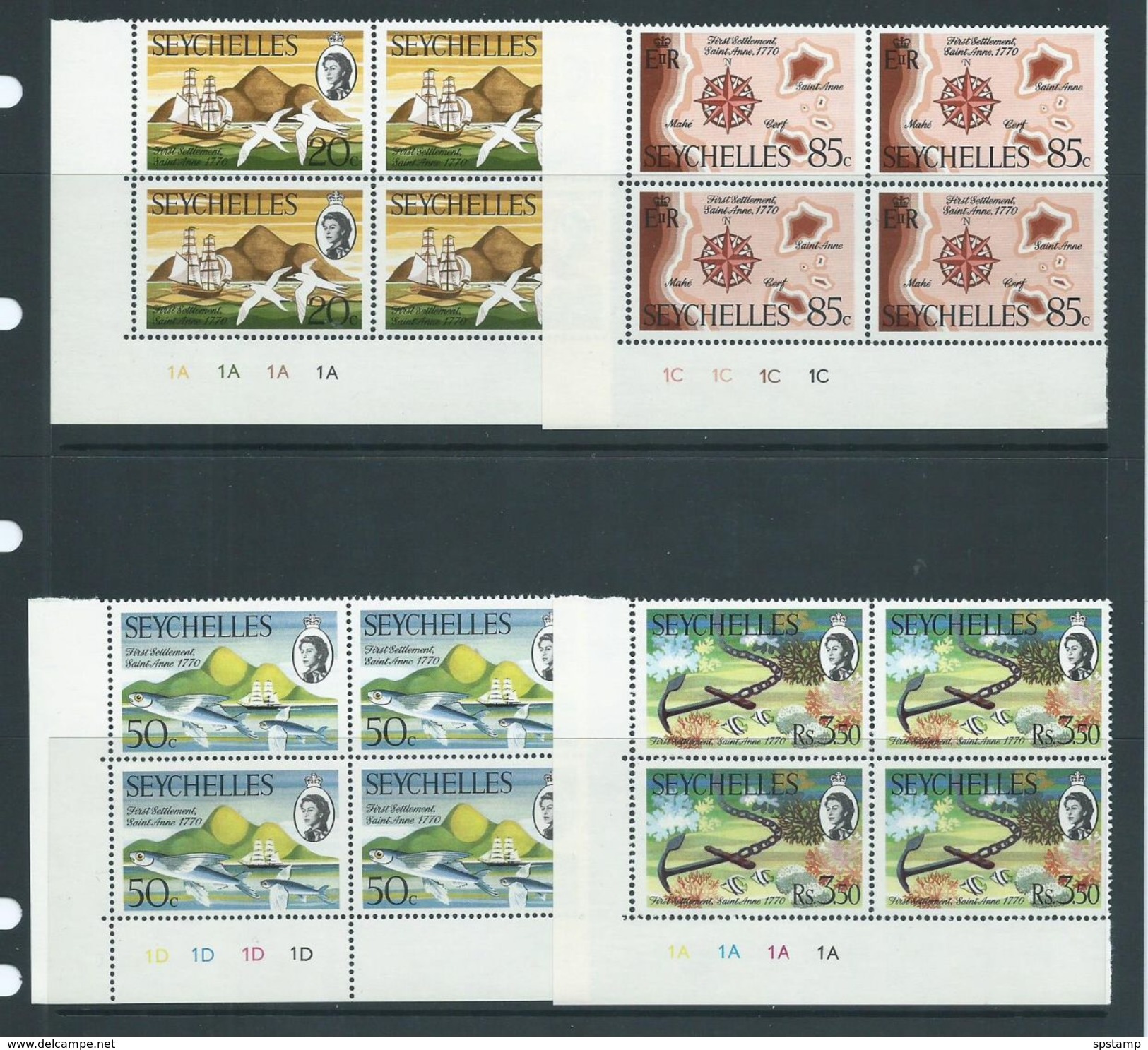 Seychelles 1970 St Anne Settlement Anniversary Set Of 4 MNH As Plate Number Blocks Of 4 - Seychellen (...-1976)