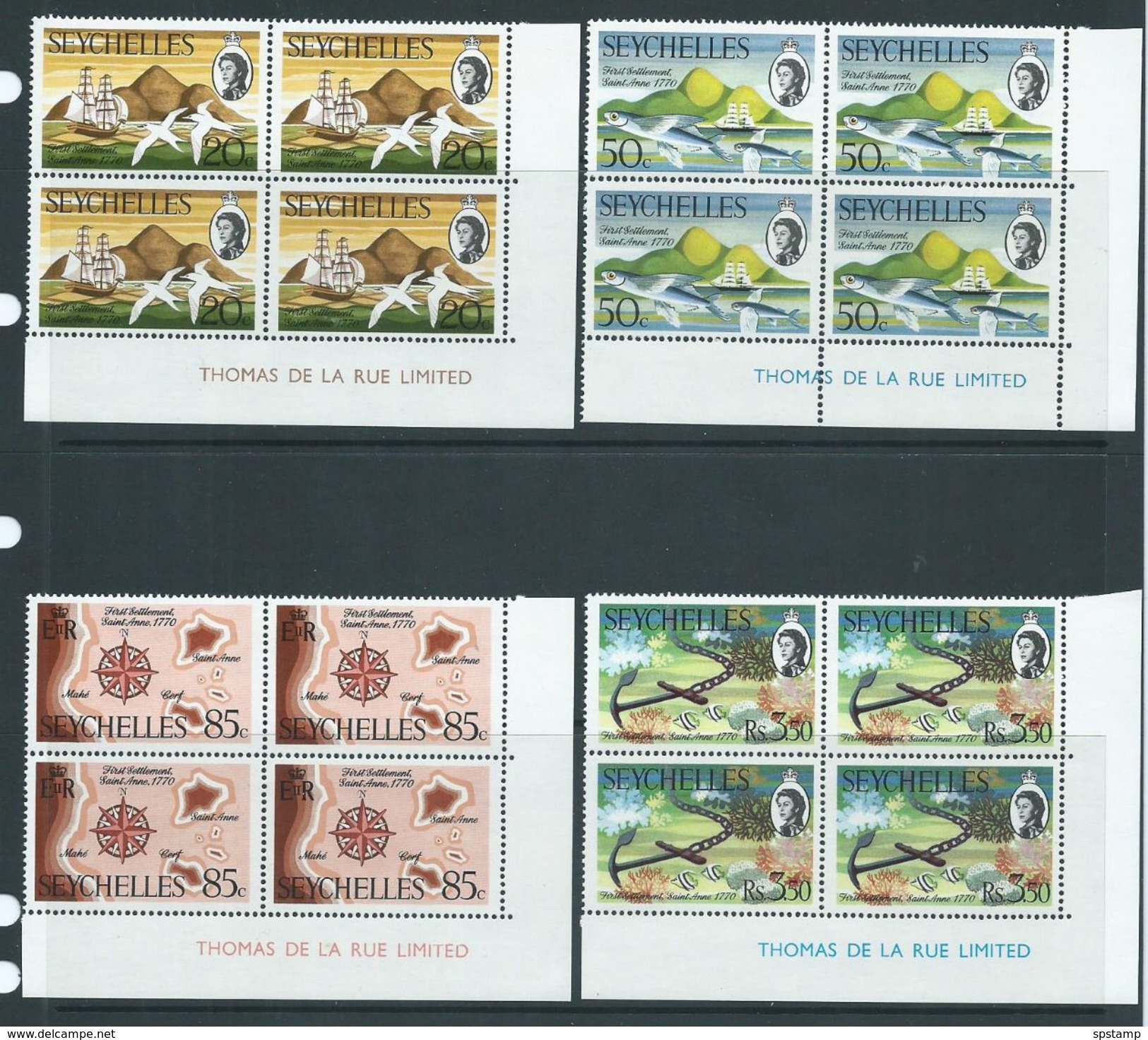 Seychelles 1970 St Anne Settlement Anniversary Set Of 4 MNH As Imprint Blocks Of 4 - Seychelles (...-1976)